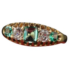 Antique Victorian 14K Yellow Gold Old Mine Diamond and Emerald Five Stone Ring