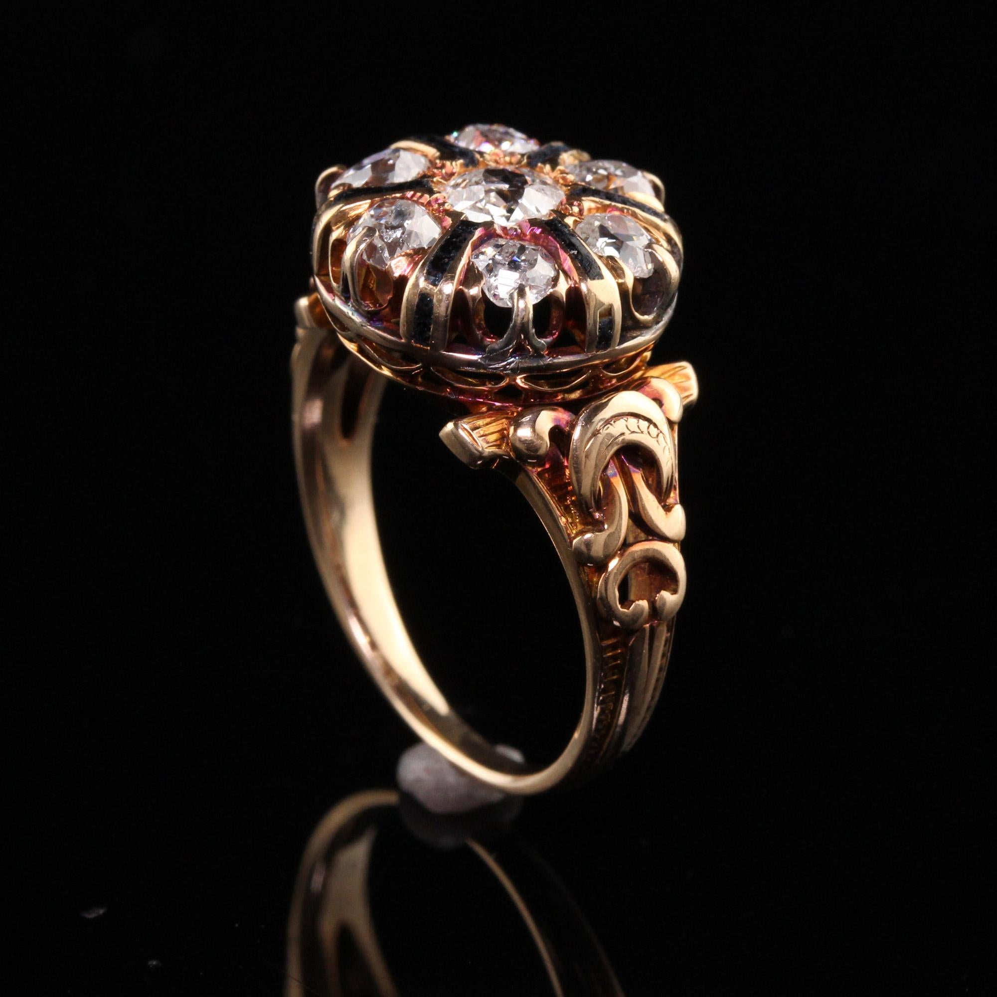 Antiker viktorianischer Ring aus 14 Karat Gelbgold mit Diamanten und Emaille aus alten Minen Damen