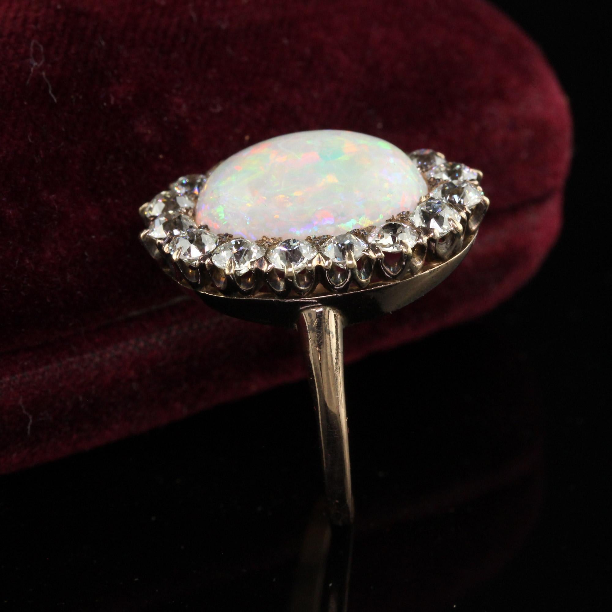Cabochon Antique Victorian 14K Yellow Gold Old Mine Diamond and Opal Cocktail Ring