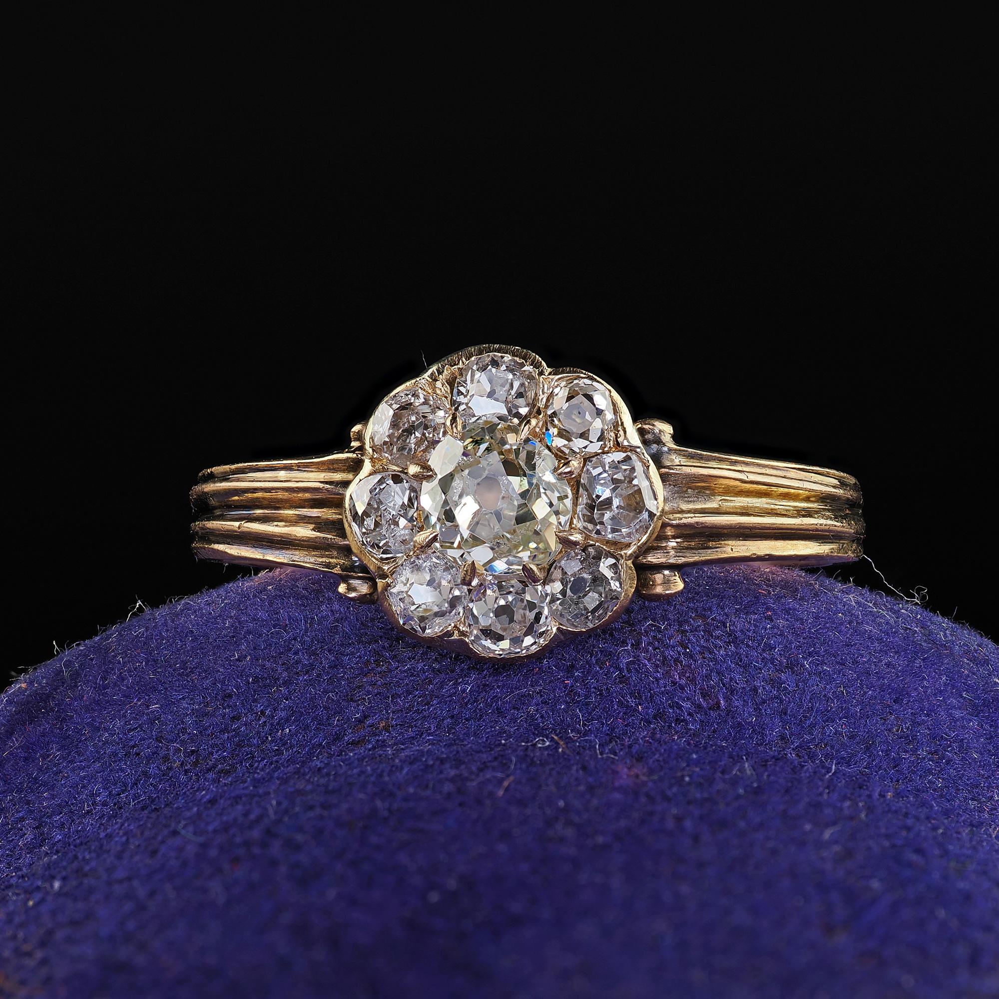 Beautiful Antique Victorian 14K Yellow Gold Old Mine Diamond Cluster Engagement Ring. This beautiful Victorian old mine diamond cluster ring is crafted in 14k yellow gold. This beautiful ring features chunky old mine cut diamonds set on a gorgeous