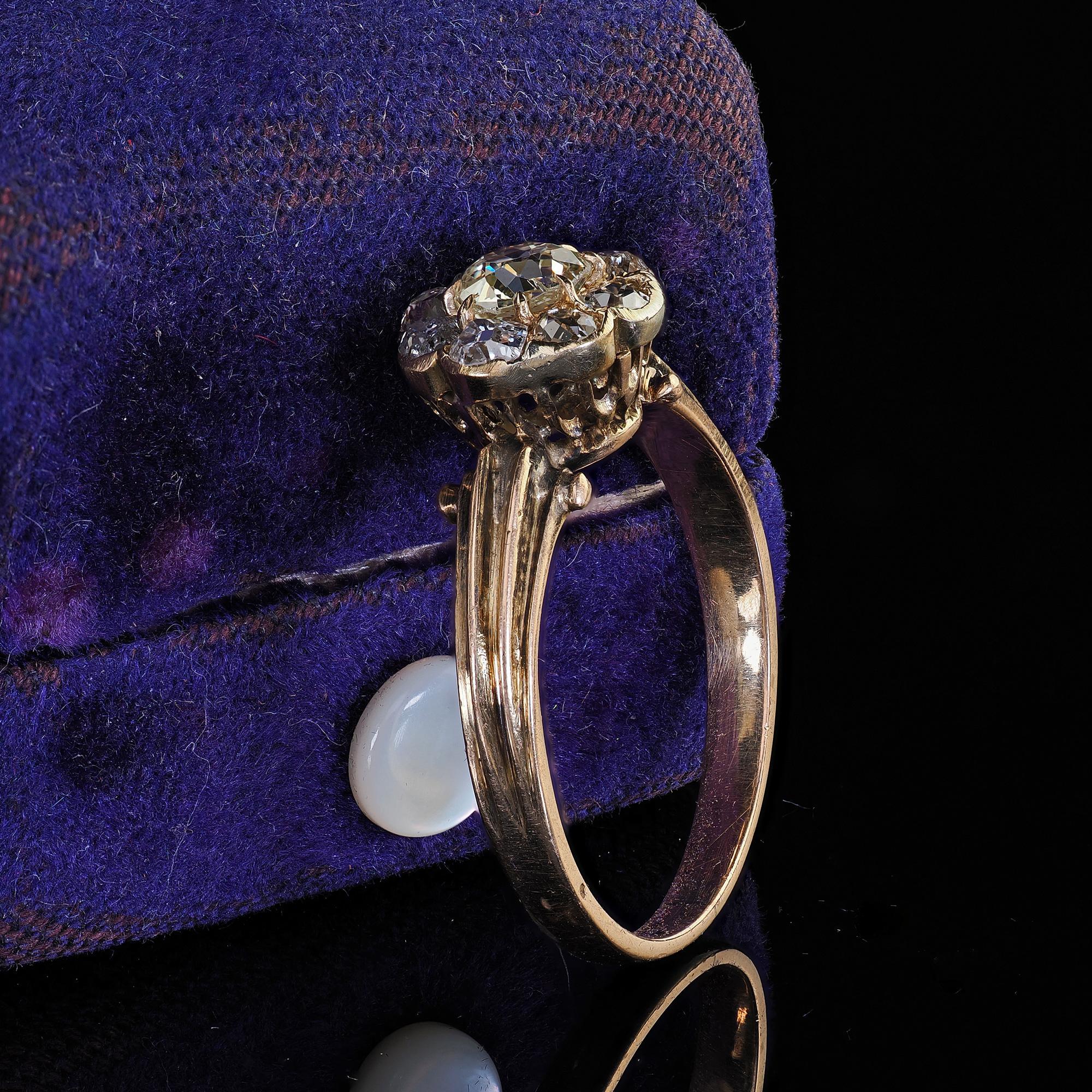 Old Mine Cut Antique Victorian 14K Yellow Gold Old Mine Diamond Cluster Engagement Ring