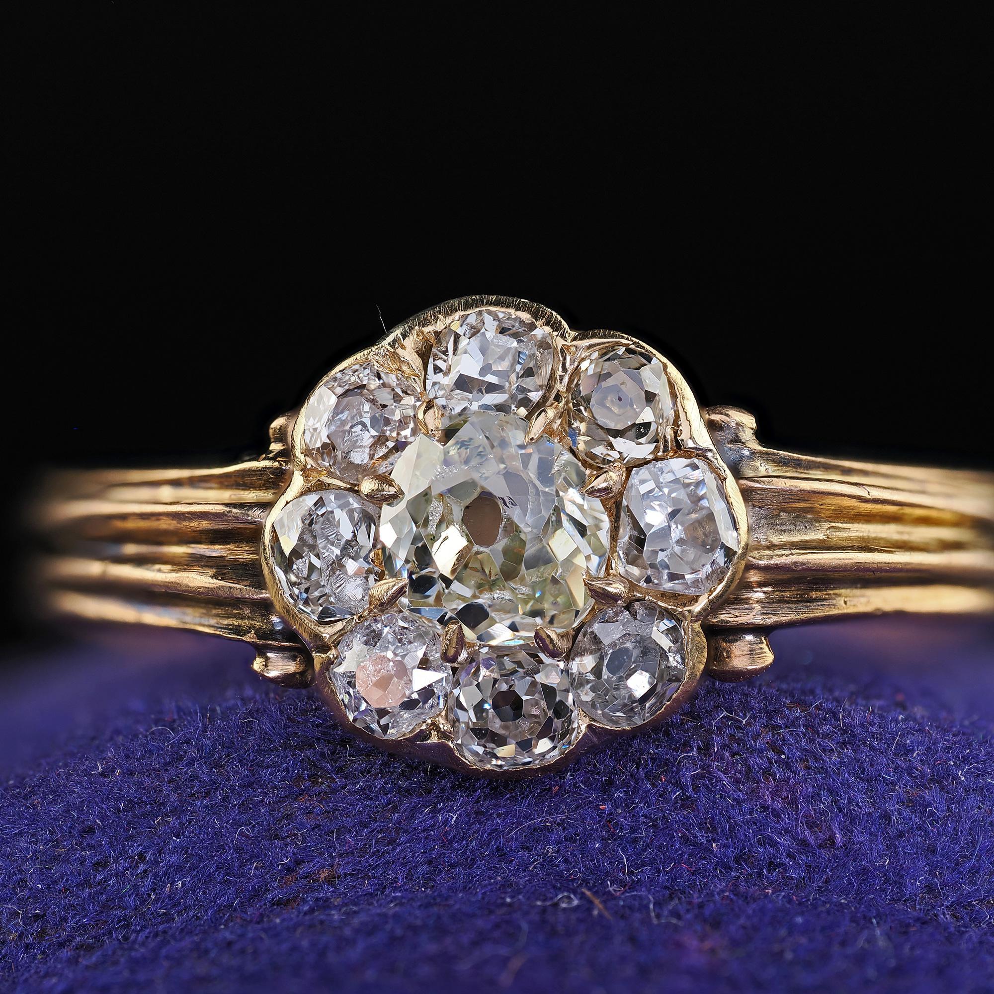 Antique Victorian 14K Yellow Gold Old Mine Diamond Cluster Engagement Ring In Good Condition In Great Neck, NY