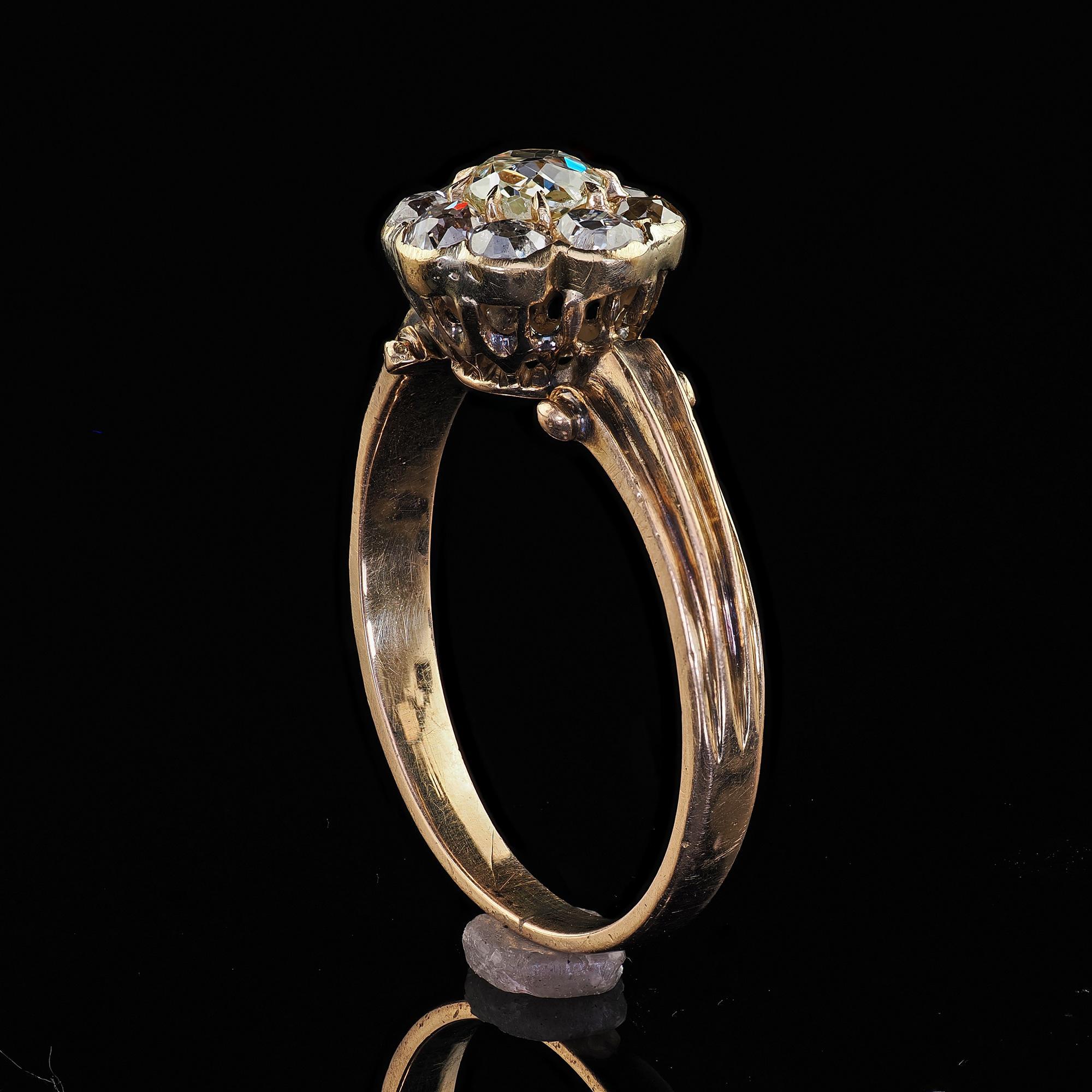 Antique Victorian 14K Yellow Gold Old Mine Diamond Cluster Engagement Ring 4