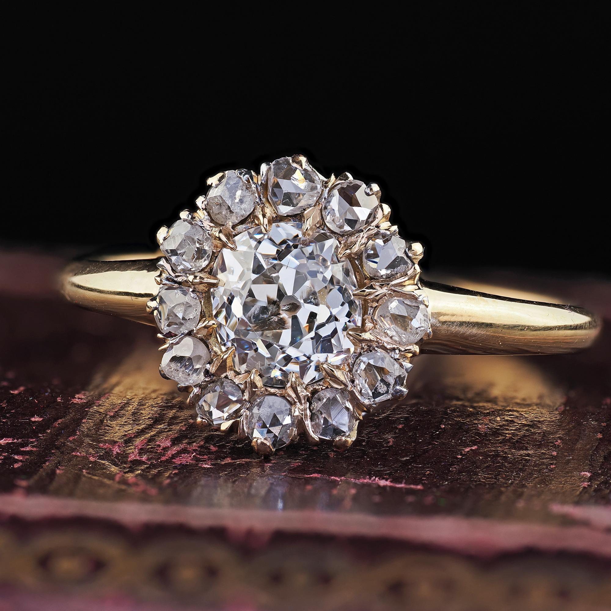 Donna Antico anello di fidanzamento vittoriano in oro giallo 14K con diamanti 