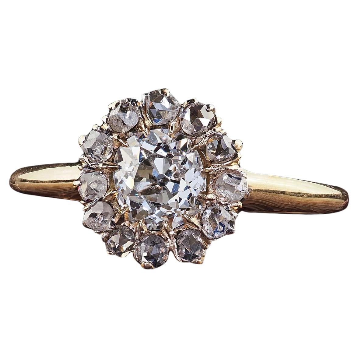 Antiker viktorianischer 14K Gelbgold Old Mine Diamant Cluster Verlobungsring - GIA