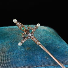 Antique Victorian 14K Yellow Gold Old Mine Diamond Emerald Pearl Sword Stick Pin