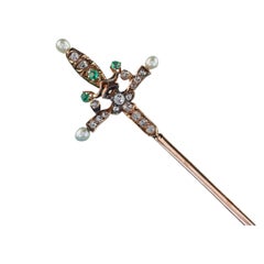Antique Victorian 14K Yellow Gold Old Mine Diamond Emerald Pearl Sword Stick Pin