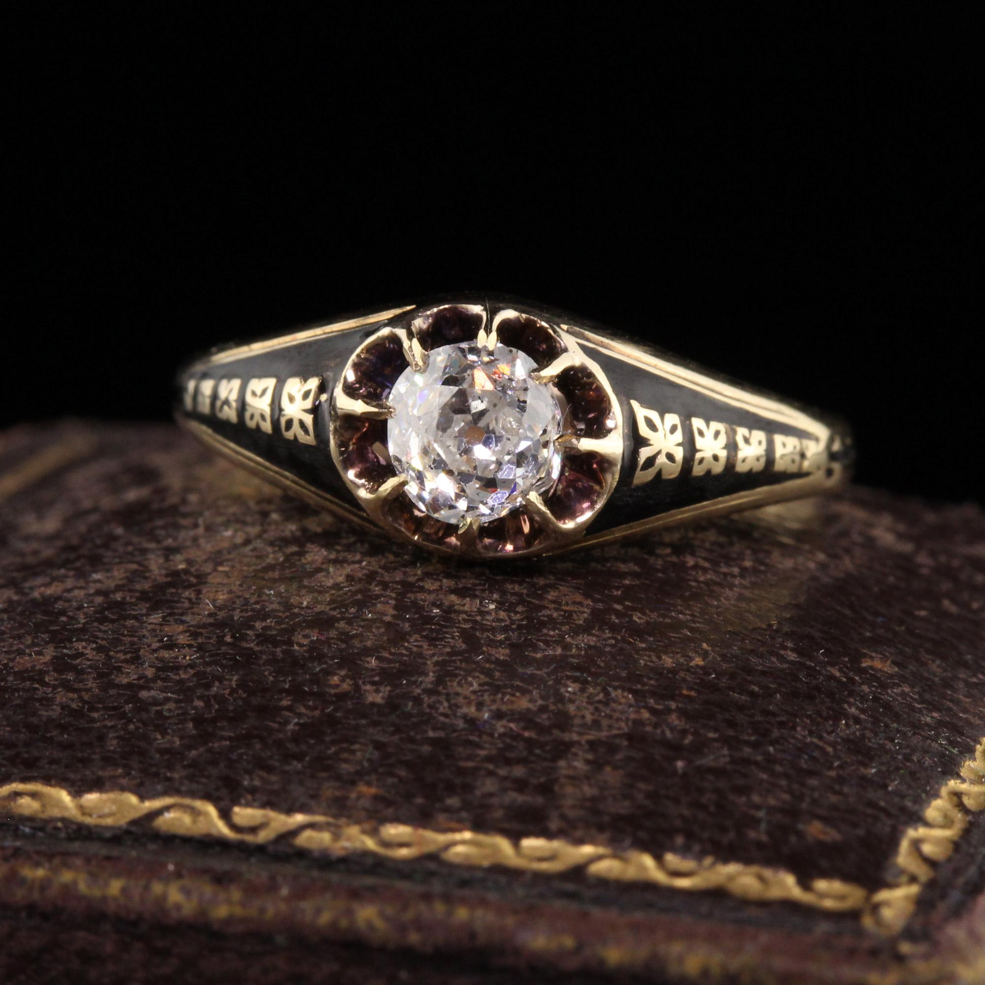 Beautiful Antique Victorian 14K Yellow Gold Old Mine Diamond Enamel Engagement Ring - GIA. This gorgeous engagement ring is crafted in 14k yellow gold. The center holds a GIA certified old mine cut diamond that is brilliant and clean to the naked