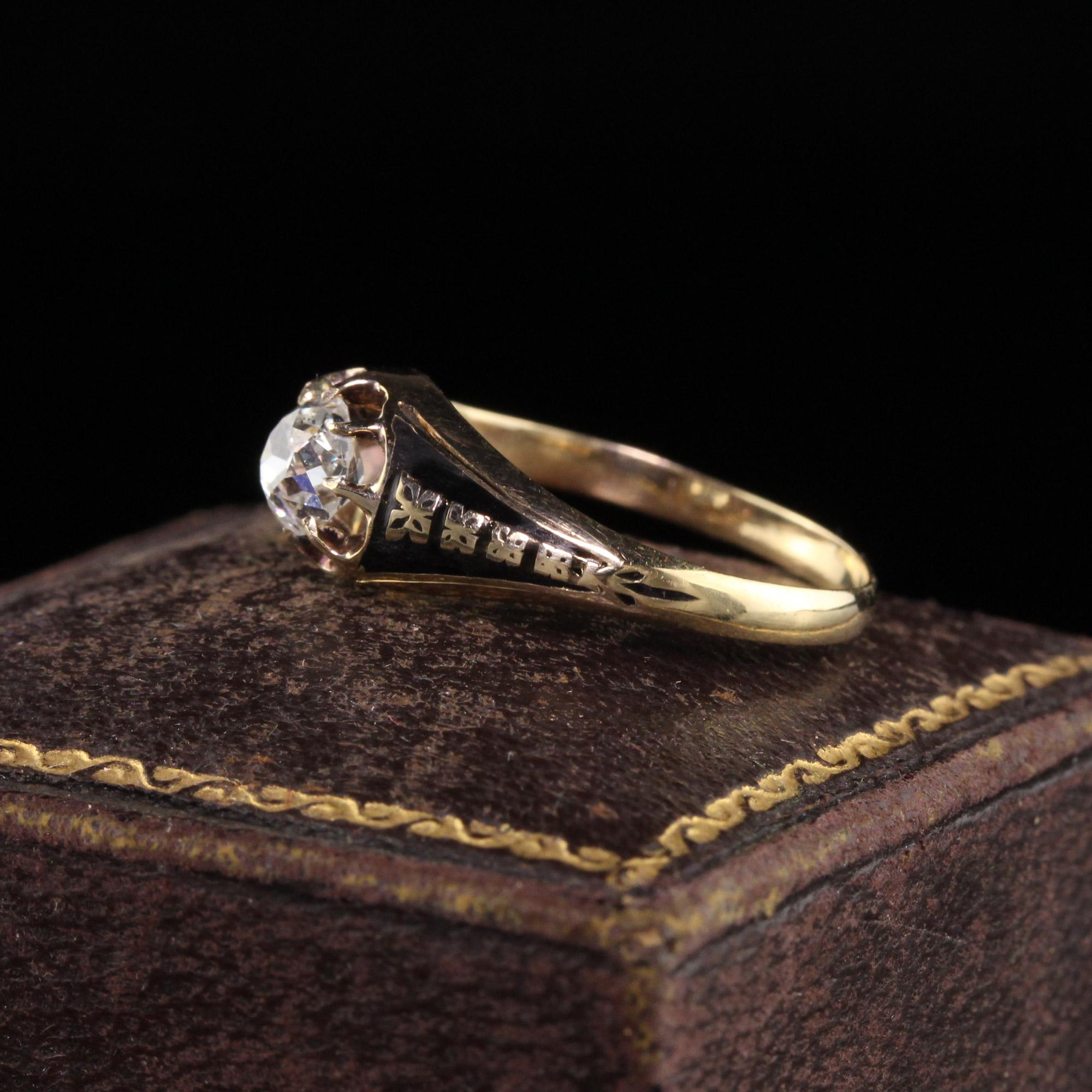 Antique Victorian 14K Yellow Gold Old Mine Diamond Enamel Engagement Ring - GIA In Good Condition In Great Neck, NY