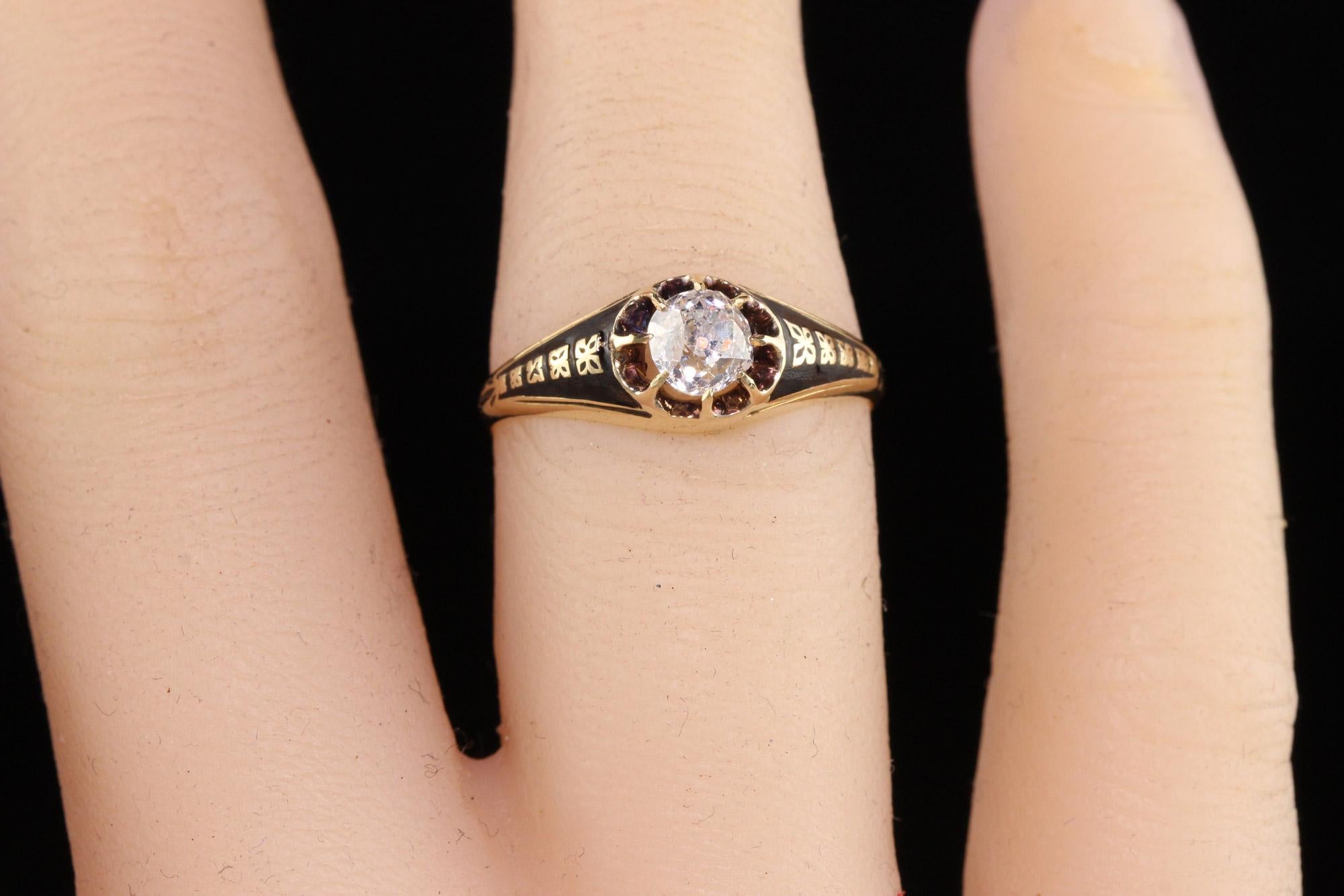 Antique Victorian 14K Yellow Gold Old Mine Diamond Enamel Engagement Ring - GIA 3