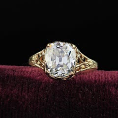 Bague de fiançailles victorienne ancienne en or jaune 14 carats avec diamants taille vieille mine - GIA