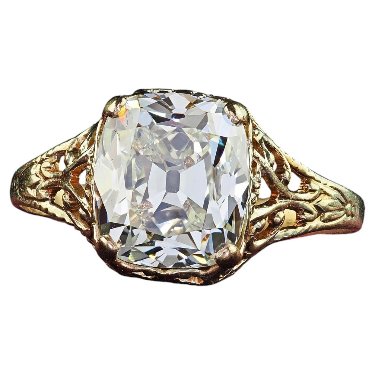 Antiguo Anillo de Compromiso Victoriano de Diamantes de Mina Antigua de Oro Amarillo de 14 K - GIA