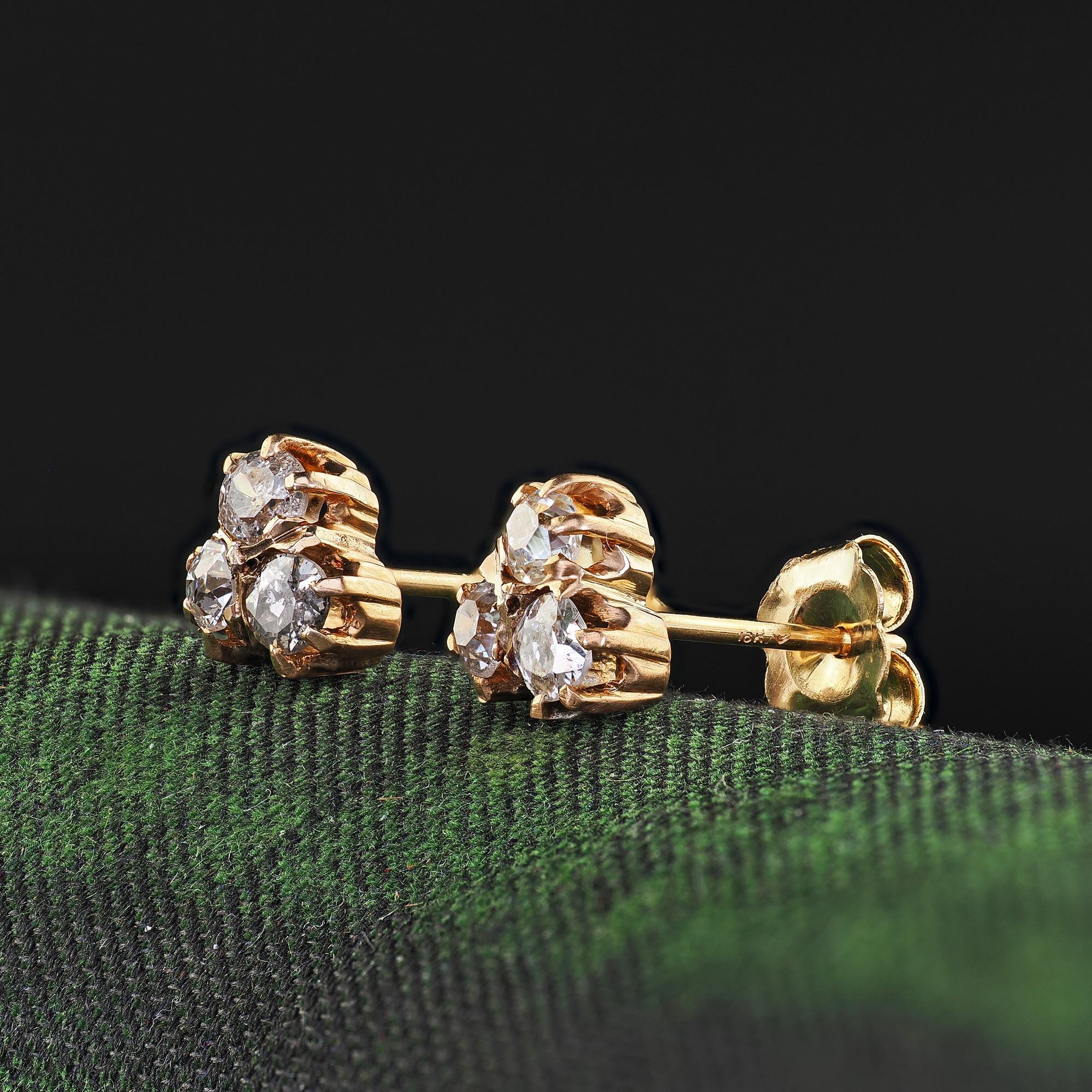 Taille vieille mine Boucles d'oreilles anciennes victoriennes en or jaune 14K avec diamants Old Mine en vente