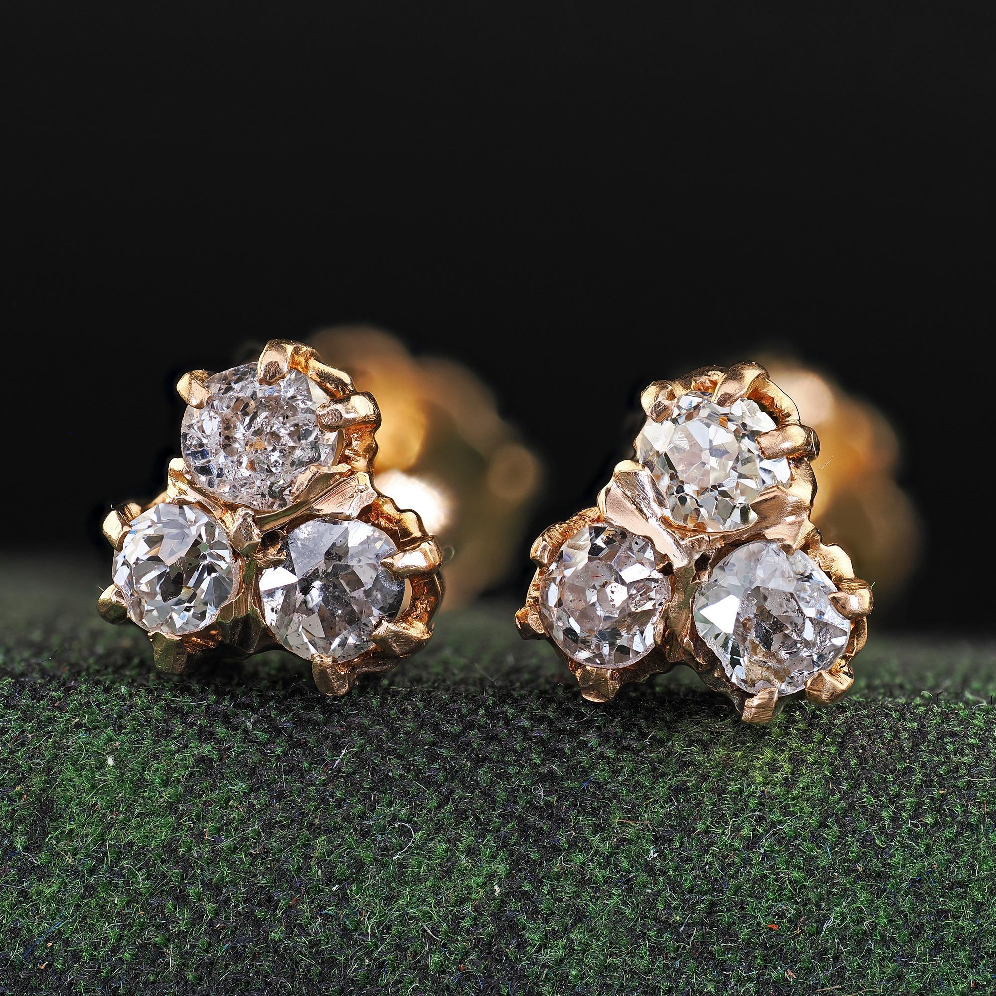 Boucles d'oreilles anciennes victoriennes en or jaune 14K avec diamants Old Mine Bon état - En vente à Great Neck, NY