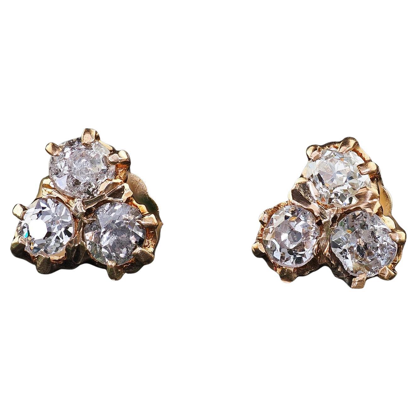 Boucles d'oreilles anciennes victoriennes en or jaune 14K avec diamants Old Mine en vente