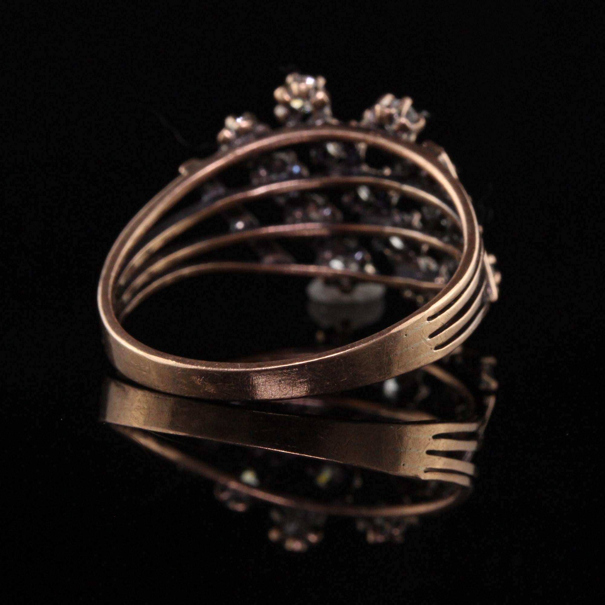 Women's Antique Victorian 14K Yellow Gold Old Mine Diamond Three Row Ring