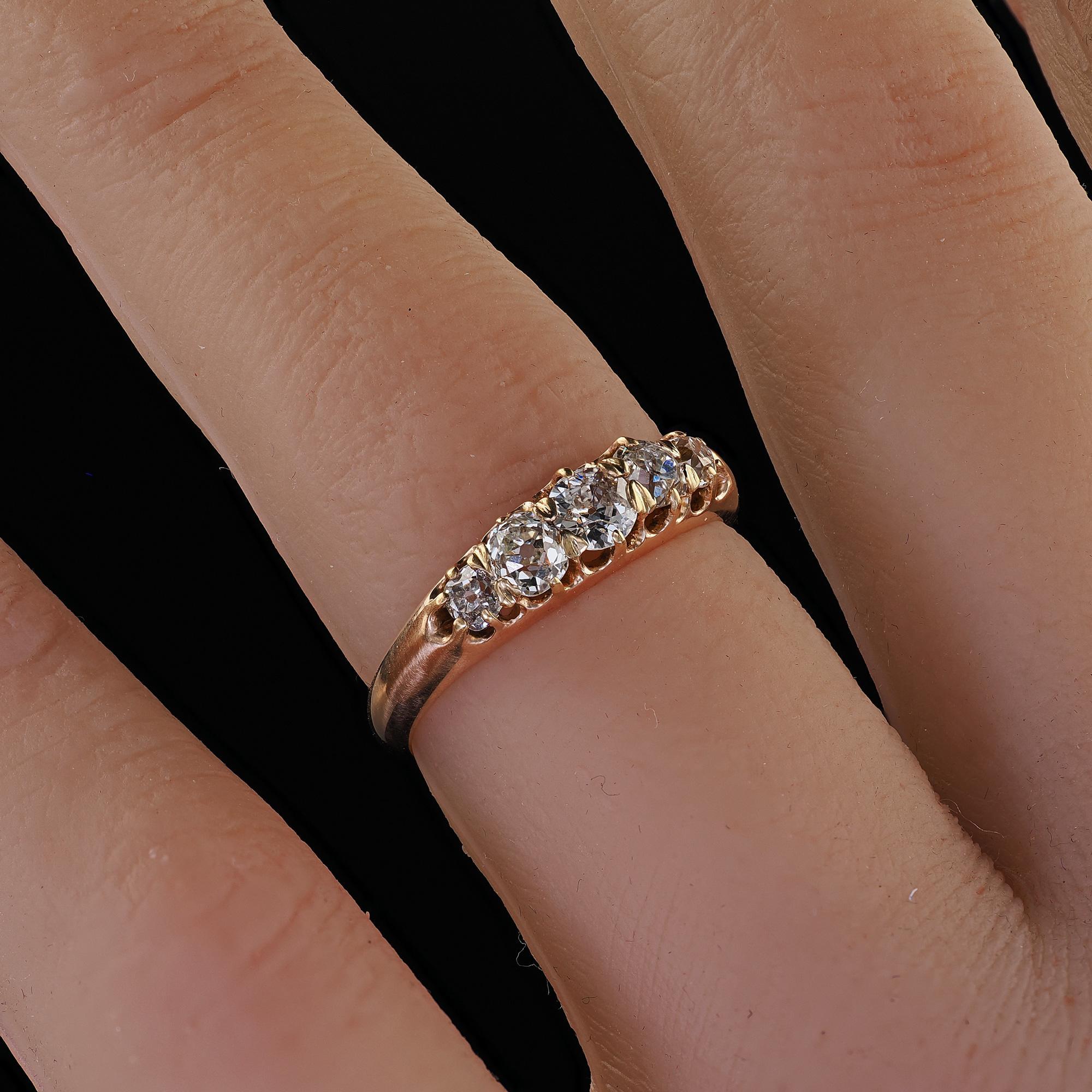 Antique Victorian 14K Yellow Gold Old Mine Five Stone Diamond Band Ring For Sale 5