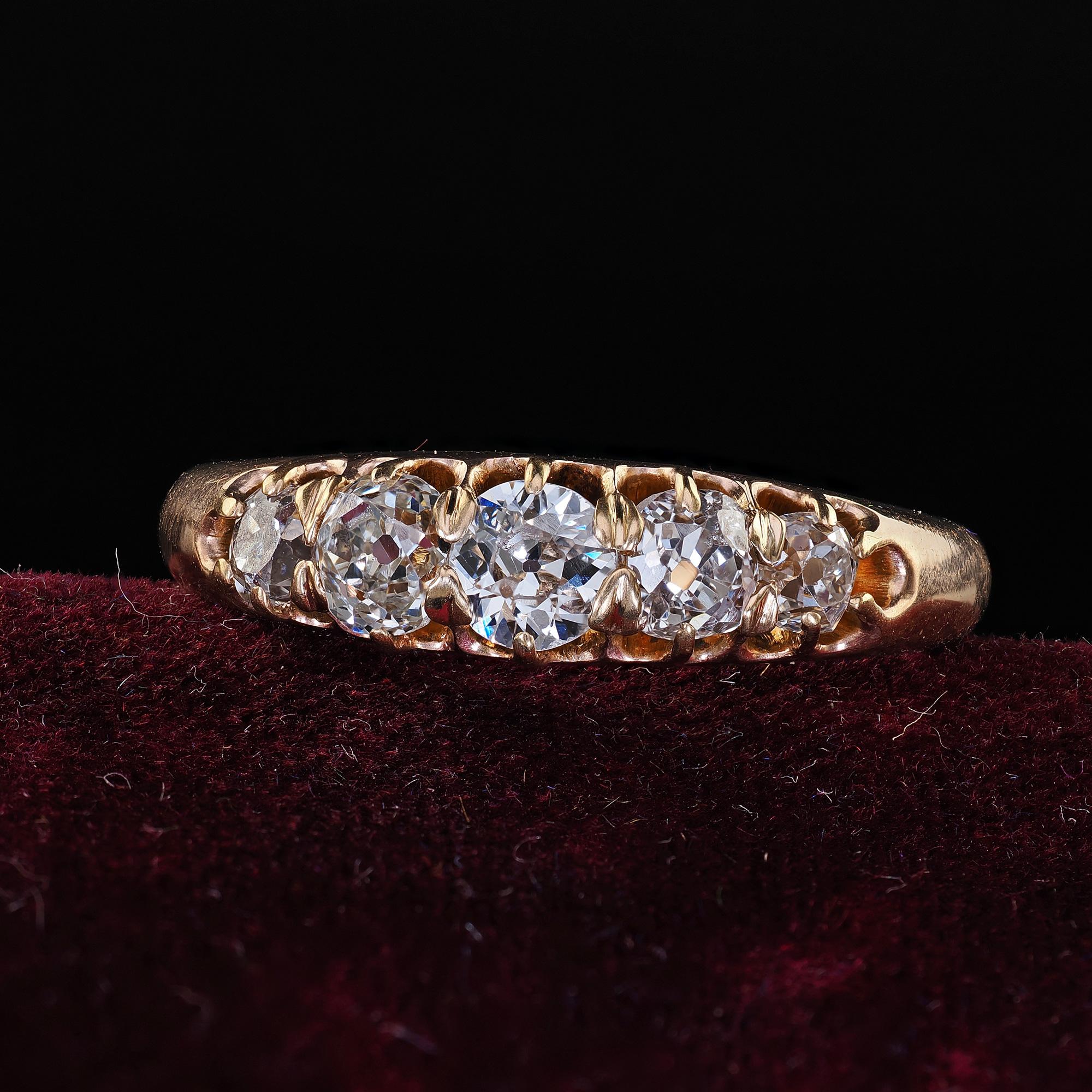 Beautiful Antique Victorian 14K Yellow Gold Old Mine Five Stone Diamond Band Ring. This classic Victorian old mine diamond five stone band is crafted in 14k yellow gold. The ring features beautiful chunky old mine cut diamonds set on top of a