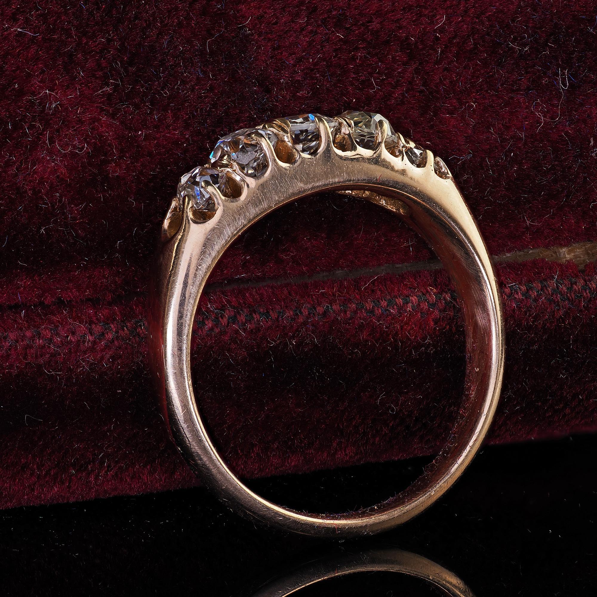 Old Mine Cut Antique Victorian 14K Yellow Gold Old Mine Five Stone Diamond Band Ring For Sale