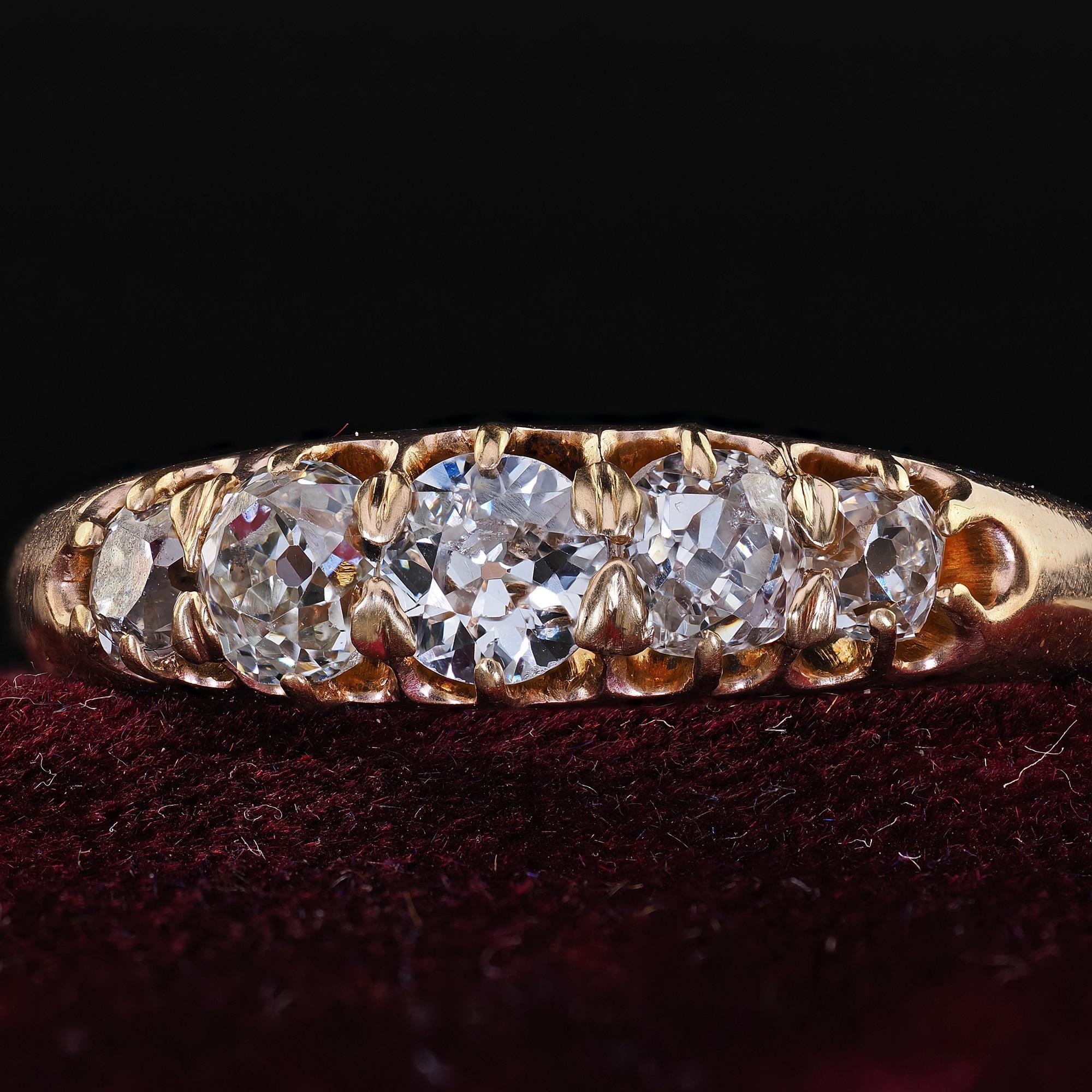 Antique Victorian 14K Yellow Gold Old Mine Five Stone Diamond Band Ring For Sale 1