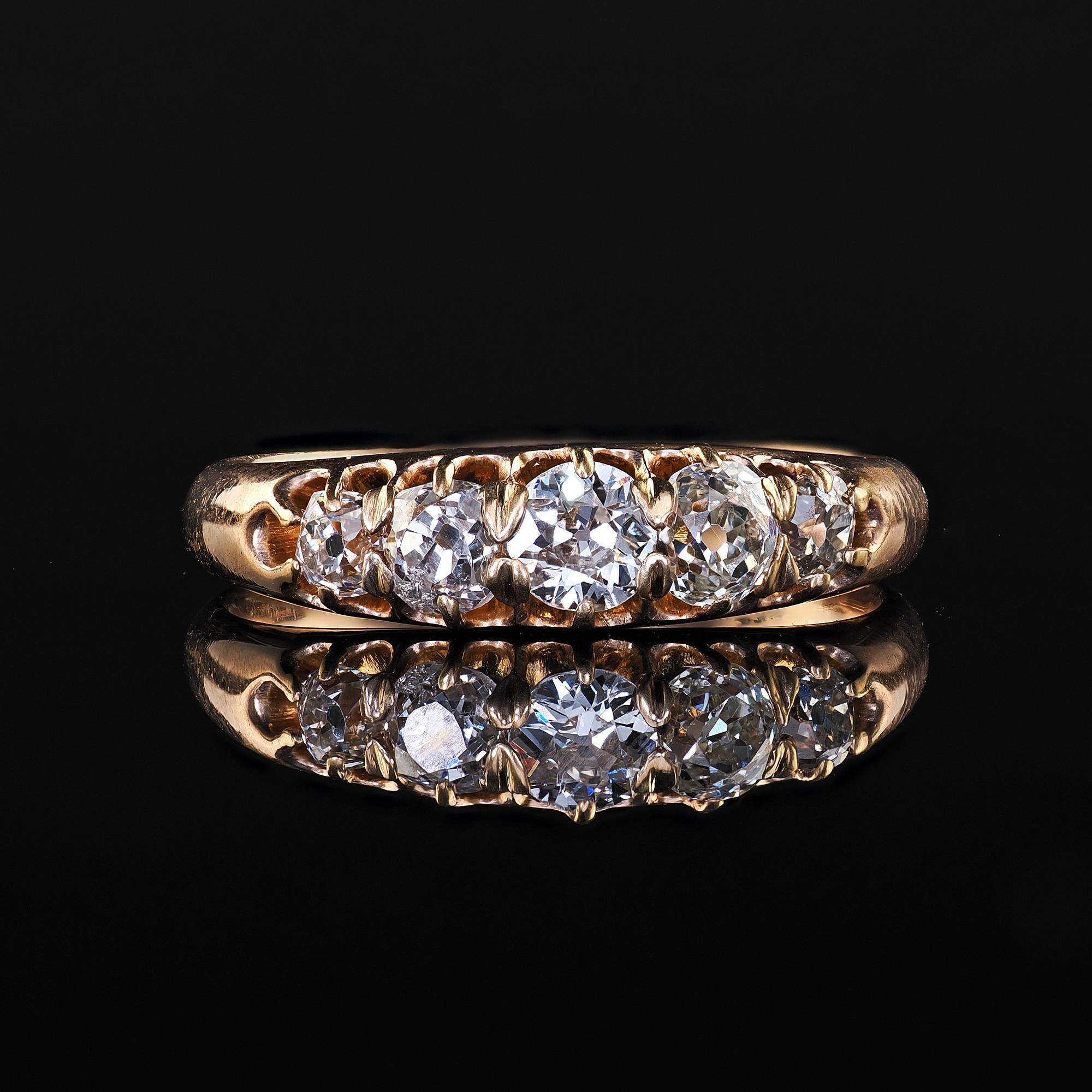 Antique Victorian 14K Yellow Gold Old Mine Five Stone Diamond Band Ring For Sale 2