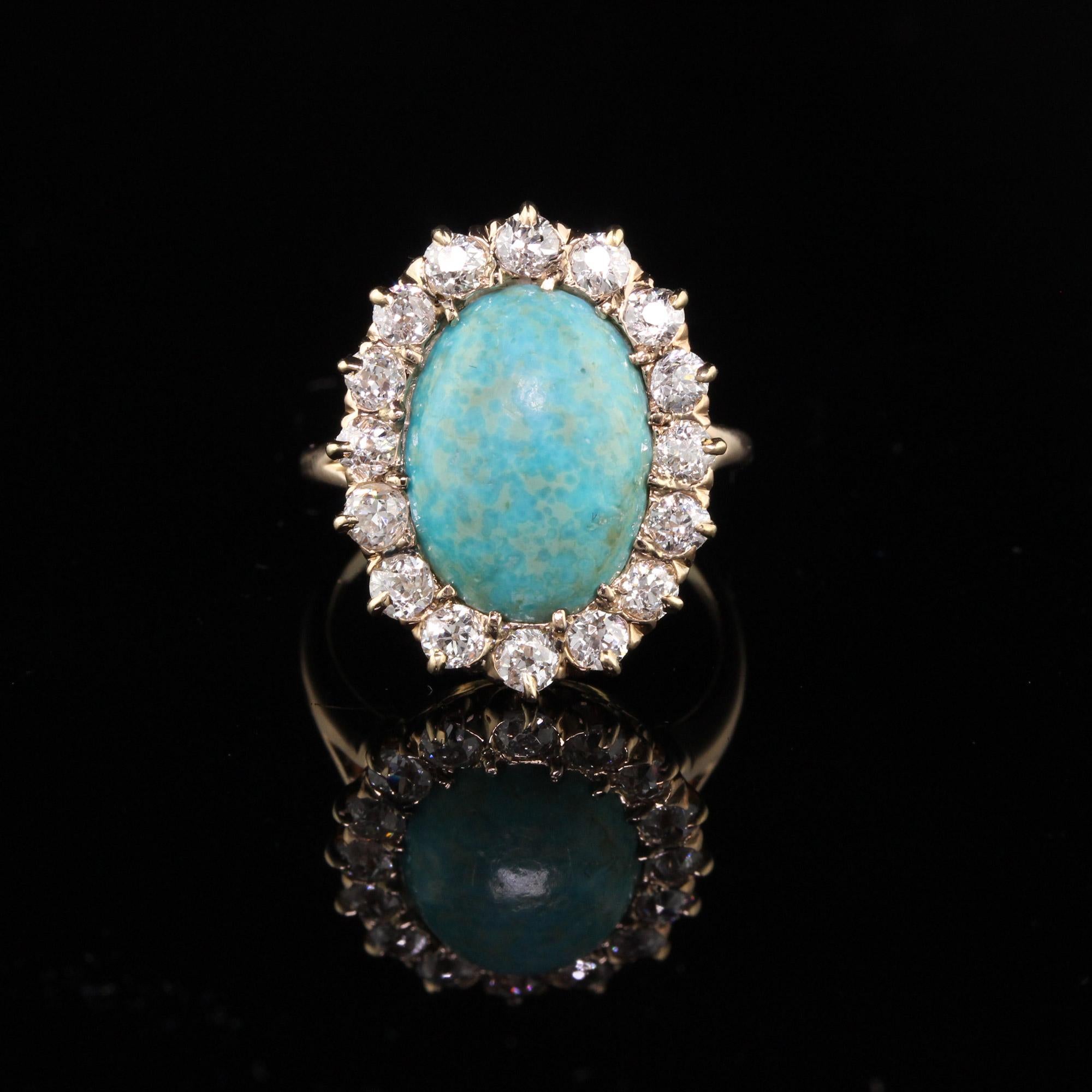 Old Mine Cut Antique Victorian 14 Karat Yellow Gold Old Miner Cut Diamonds and Turquoise Ring