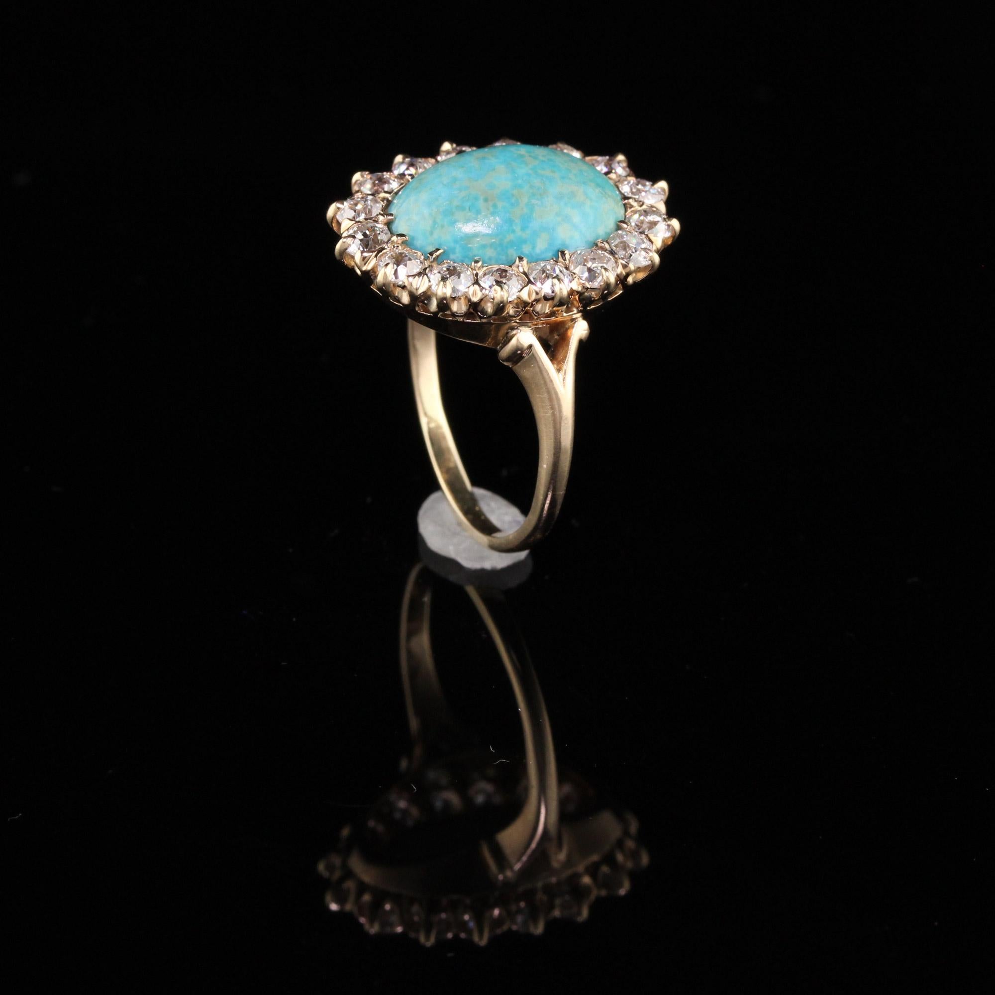 Women's Antique Victorian 14 Karat Yellow Gold Old Miner Cut Diamonds and Turquoise Ring