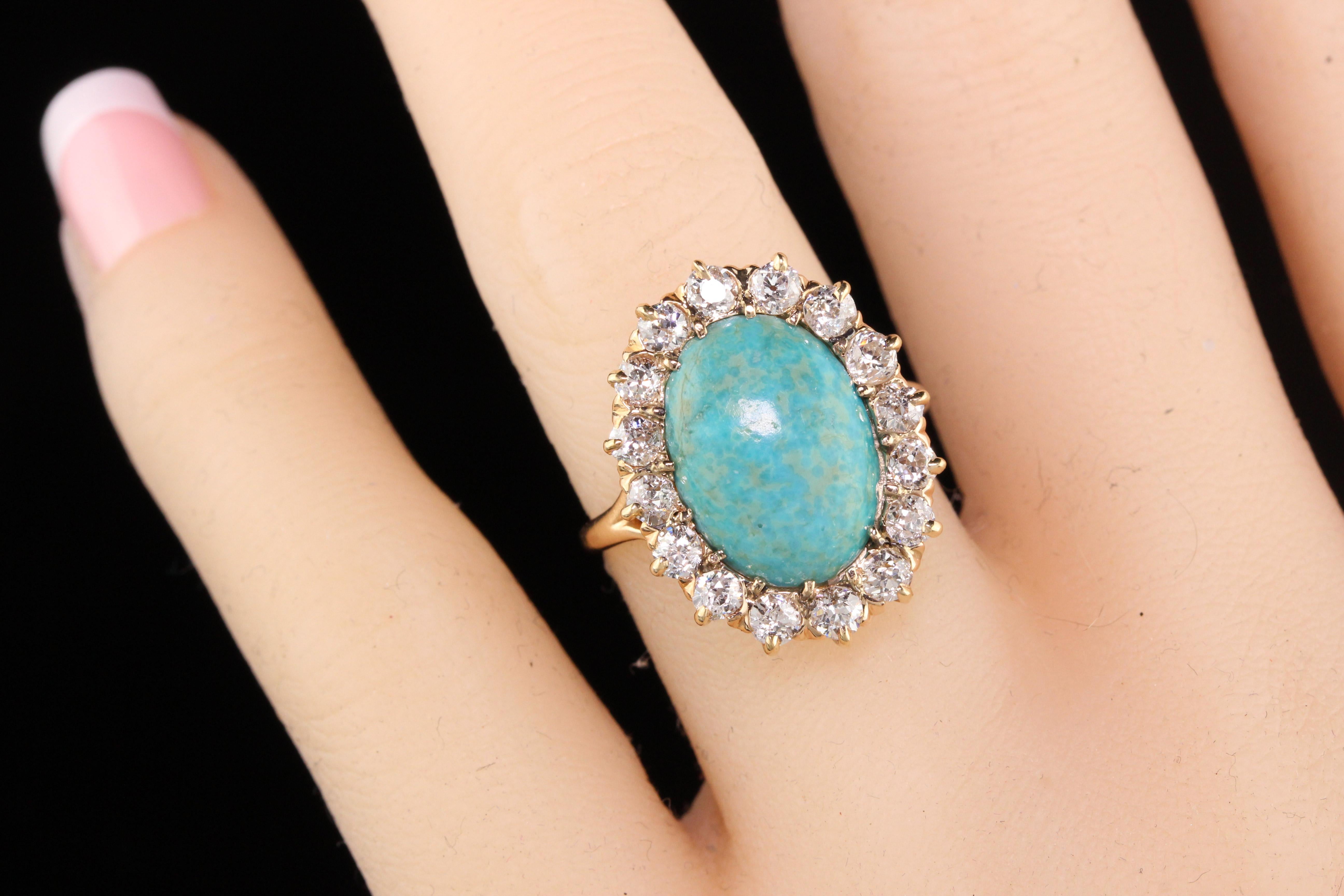 Antique Victorian 14 Karat Yellow Gold Old Miner Cut Diamonds and Turquoise Ring 1