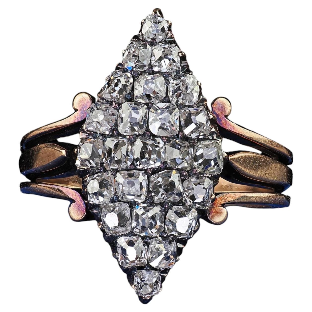 Antique Victorian 14K Yellow Gold Old Peruzzi Cut Diamond Navette Ring