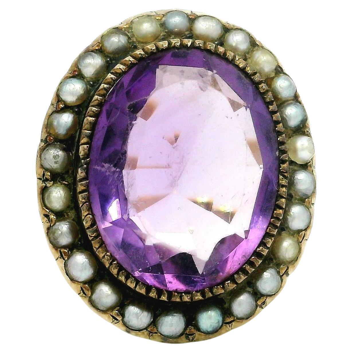 Antique Victorian 14k Yellow Gold Oval Amethyst w/ Pearl Halo Cocktail Ring
