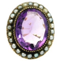 Antique Victorian 14k Yellow Gold Oval Amethyst w/ Pearl Halo Cocktail Ring