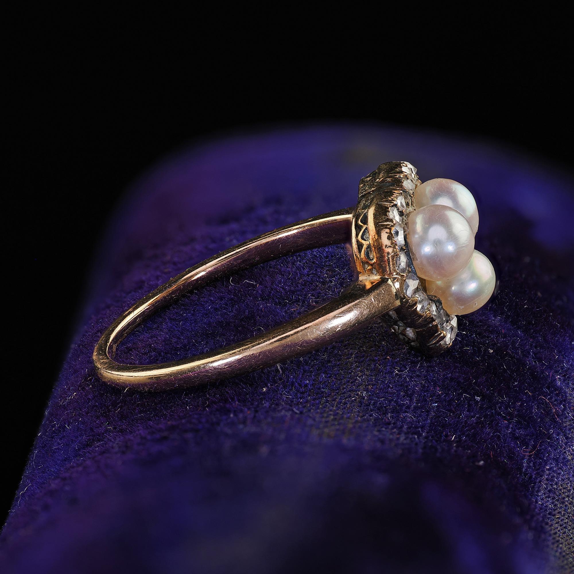Women's Antique Victorian 14K Yellow Gold Pearl and Diamond Heart Clover Ring For Sale