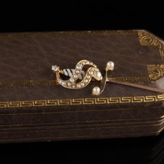 Antique Victorian 14 Karat Yellow Gold Pearl and Diamond Sword Pin