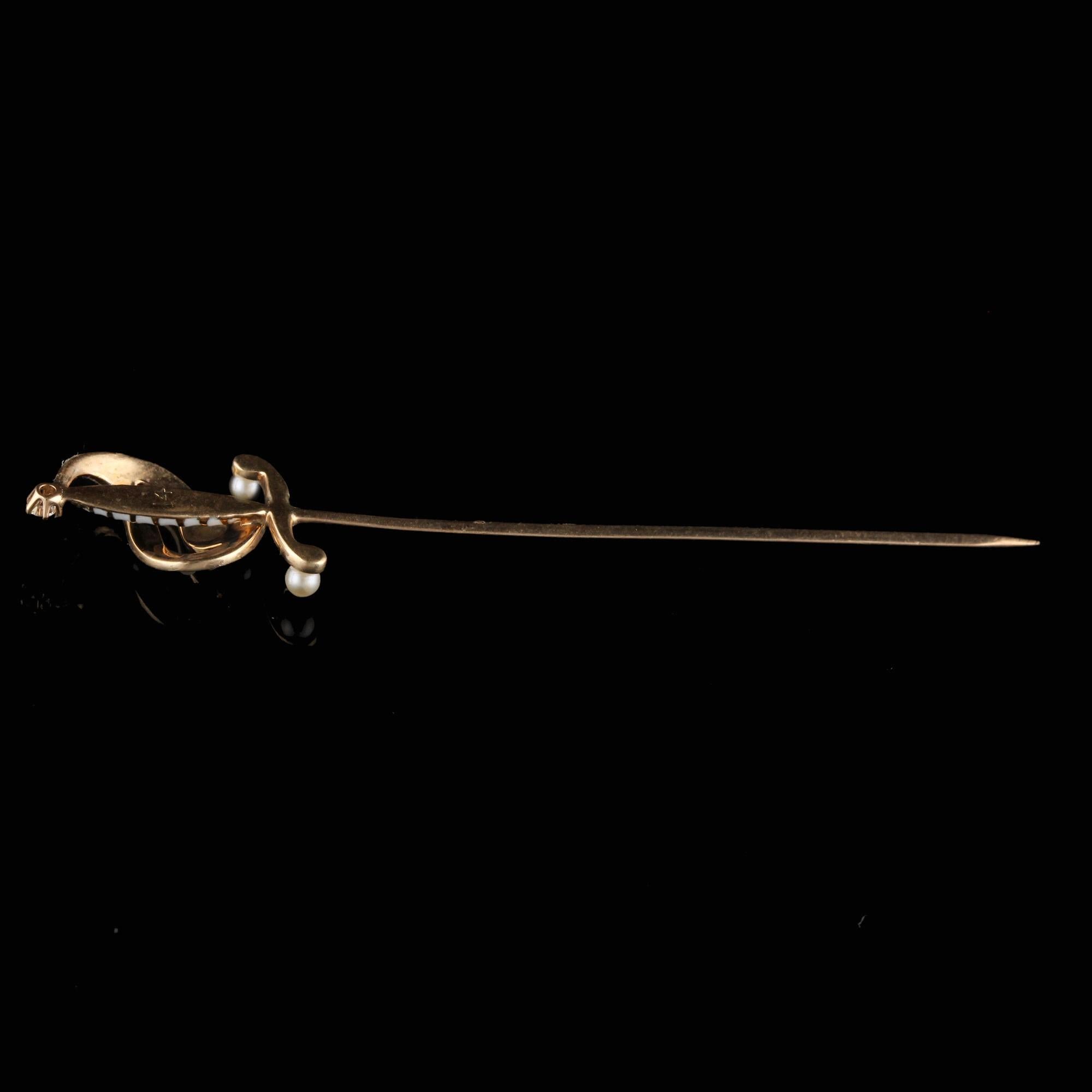 Round Cut Antique Victorian 14 Karat Yellow Gold Pearl and Diamond Sword Pin For Sale