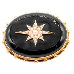 Antique Victorian 14K Yellow Gold Pearl and Onyx Star Mourning Locket Brooch