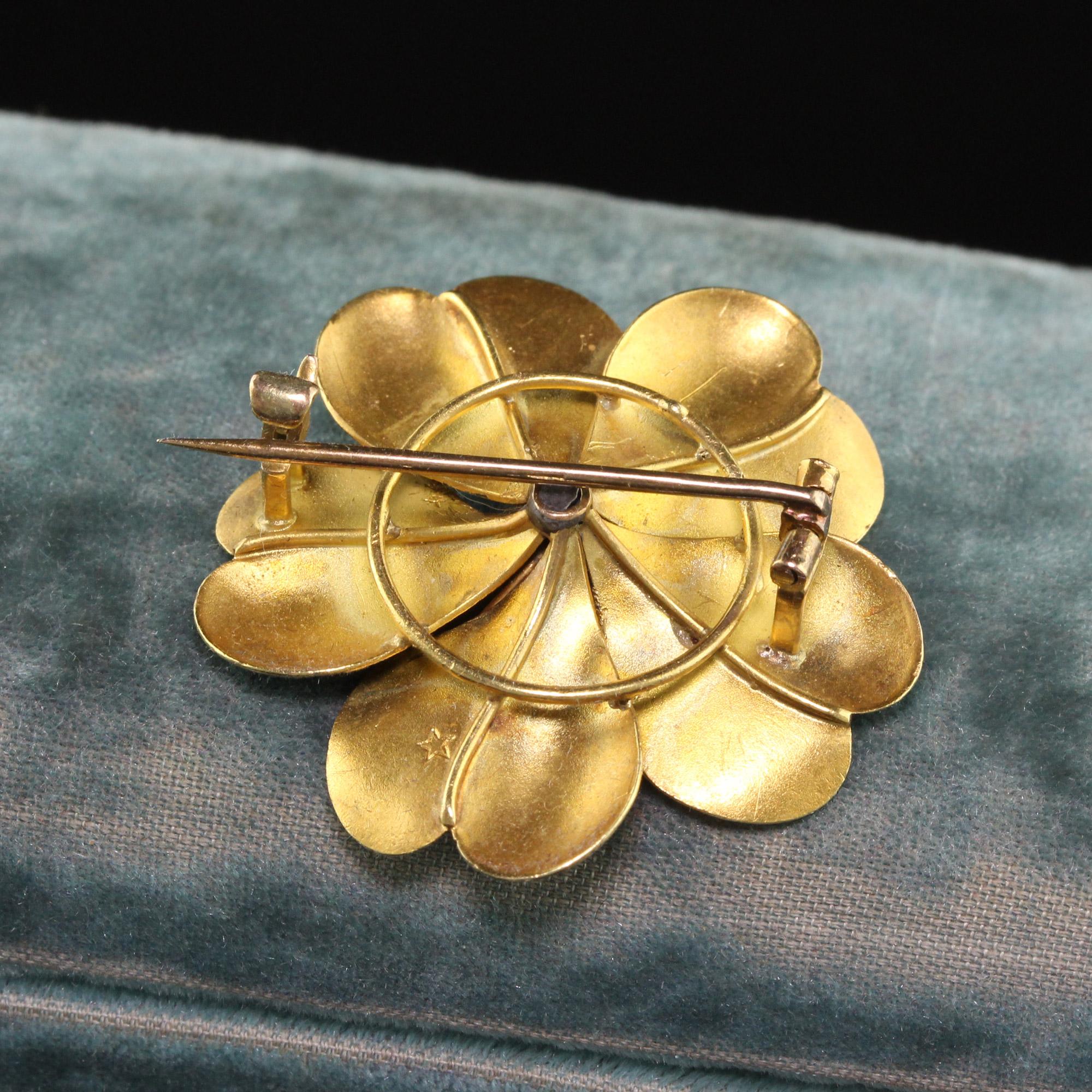 Round Cut Antique Victorian 14k Yellow Gold Pearl Black Enamel Flower Pin For Sale