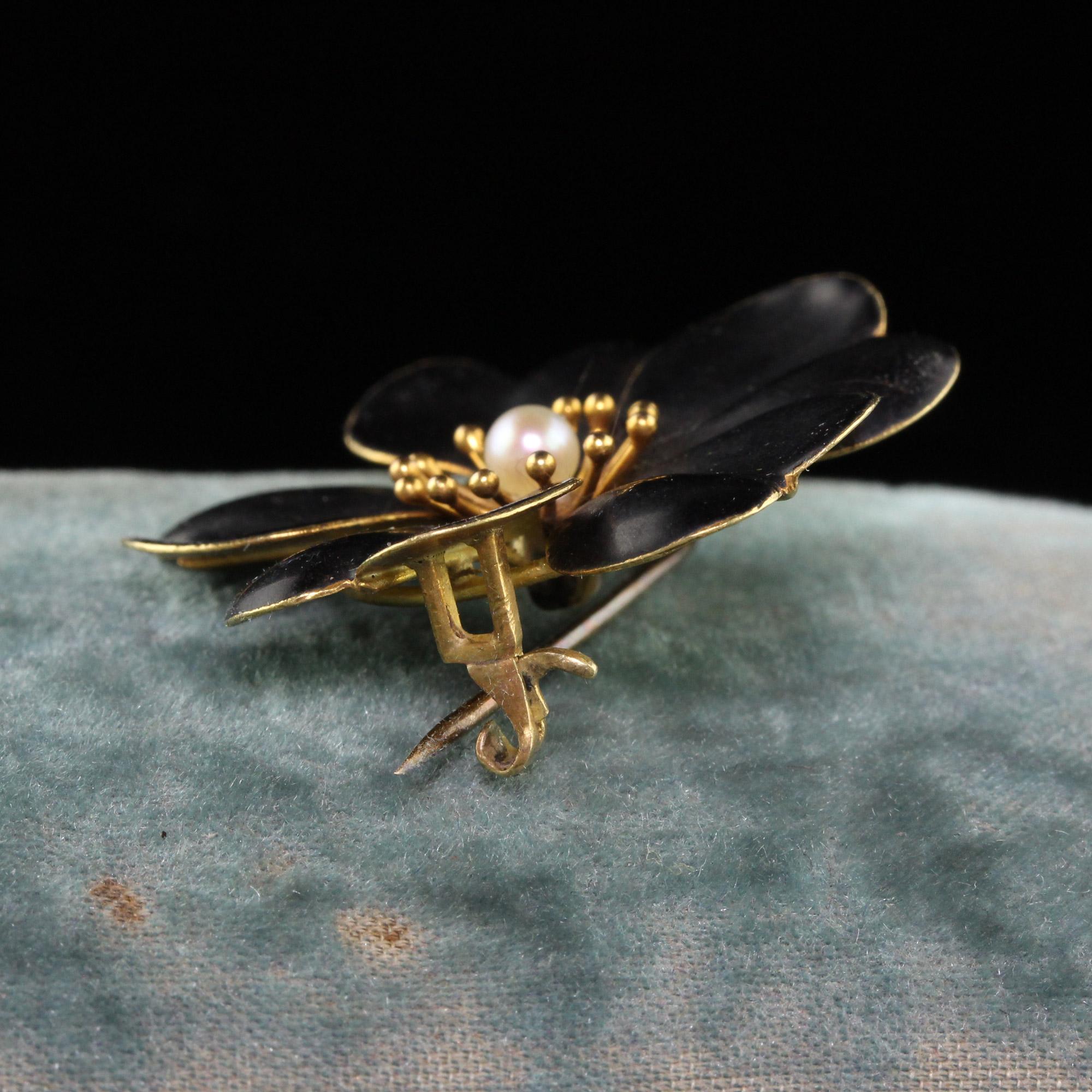 Women's or Men's Antique Victorian 14k Yellow Gold Pearl Black Enamel Flower Pin For Sale