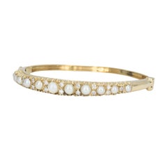 Bracelet à charnière en or jaune 14k avec perles et diamants, de style victorien ancien