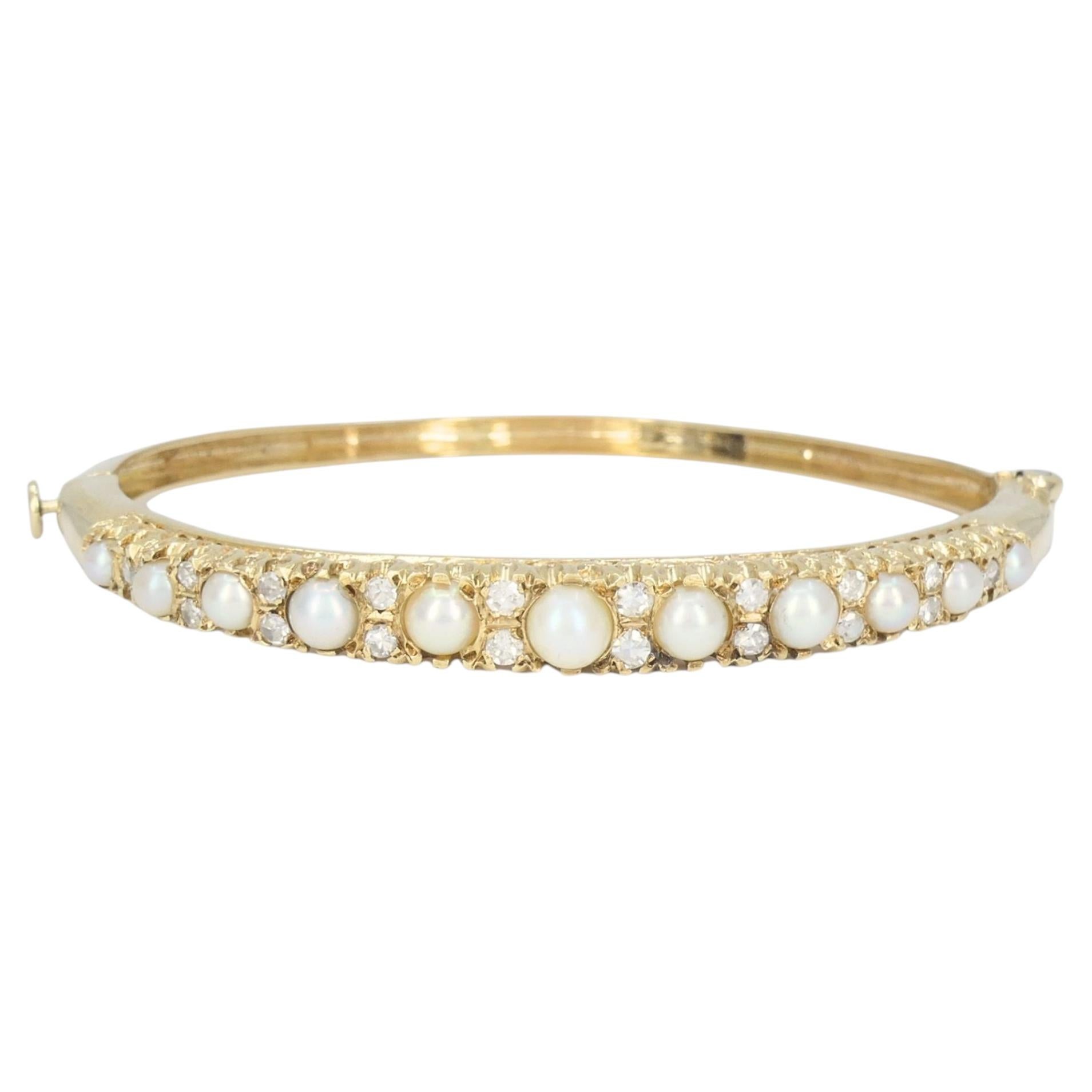 Antique Victorian 14k Yellow Gold Pearl Diamond Hinged Bangle Bracelet