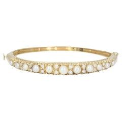 Bracelet à charnière en or jaune 14k avec perles et diamants, de style victorien ancien