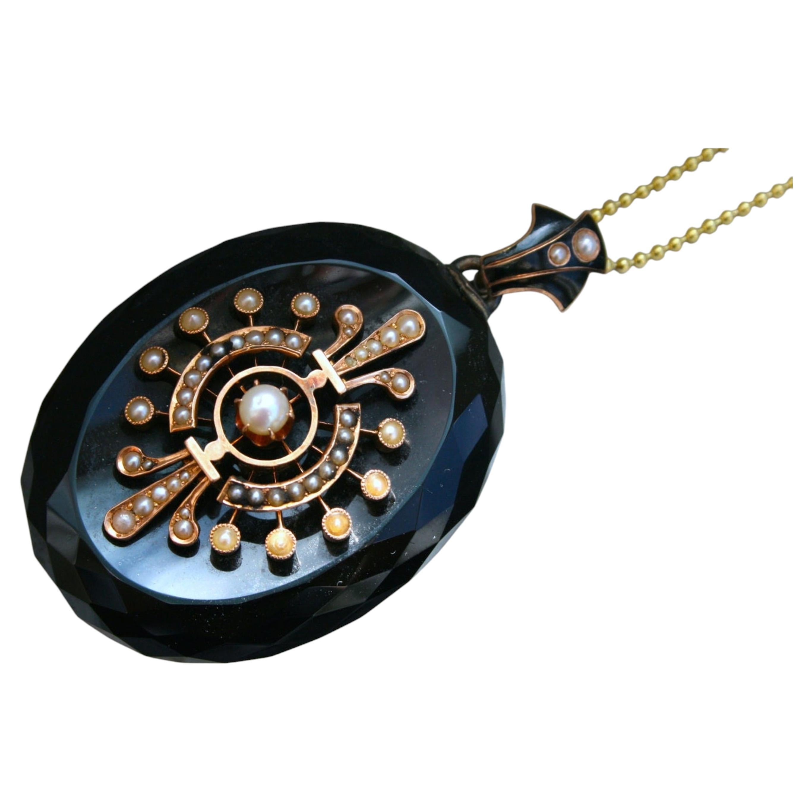 Antique Victorian 14K Yellow Gold Pendant Locket with Onyx, Pearls, and Enamel.