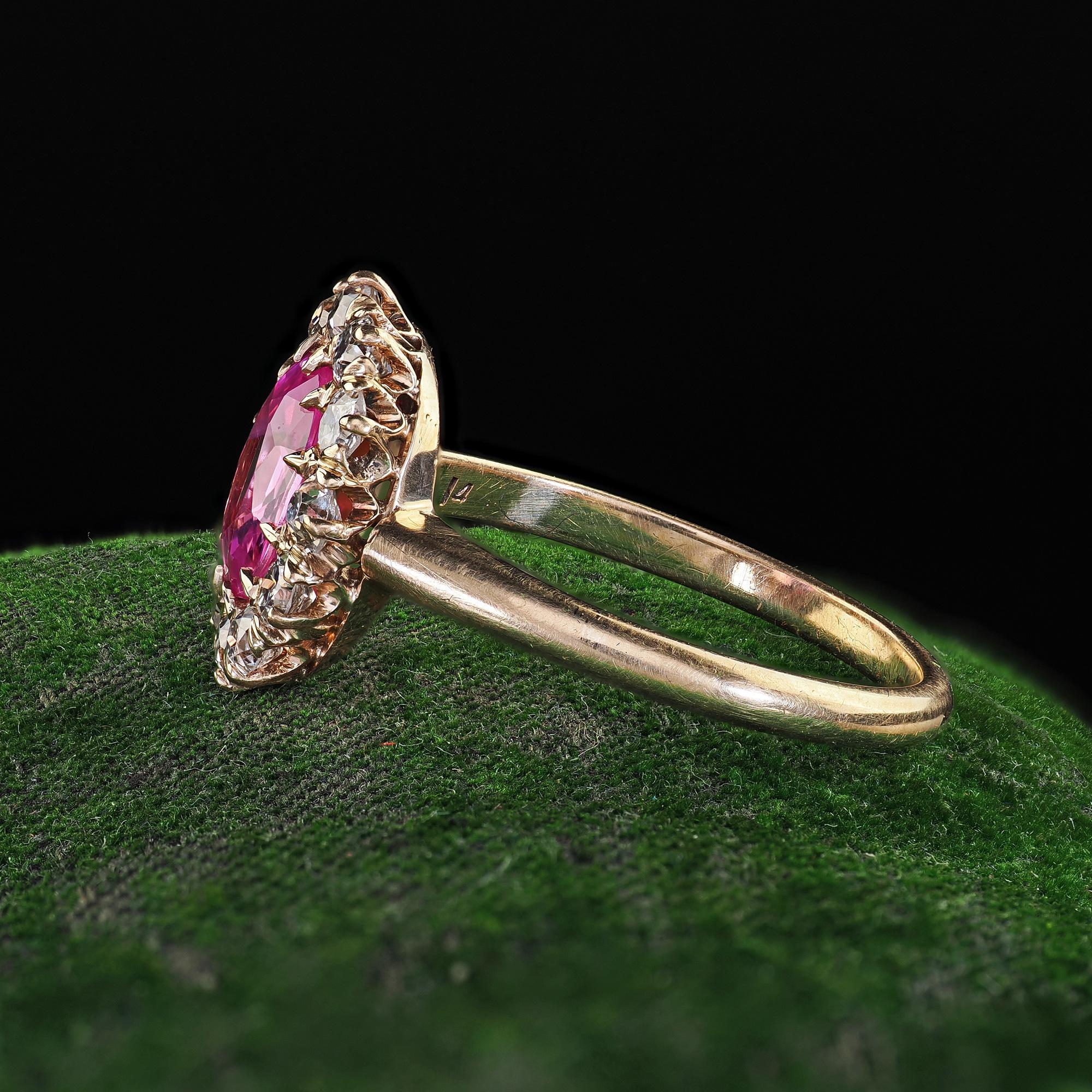 Bague de fiançailles victorienne ancienne en or jaune 14 carats avec saphir rose et diamant - GIA Bon état - En vente à Great Neck, NY