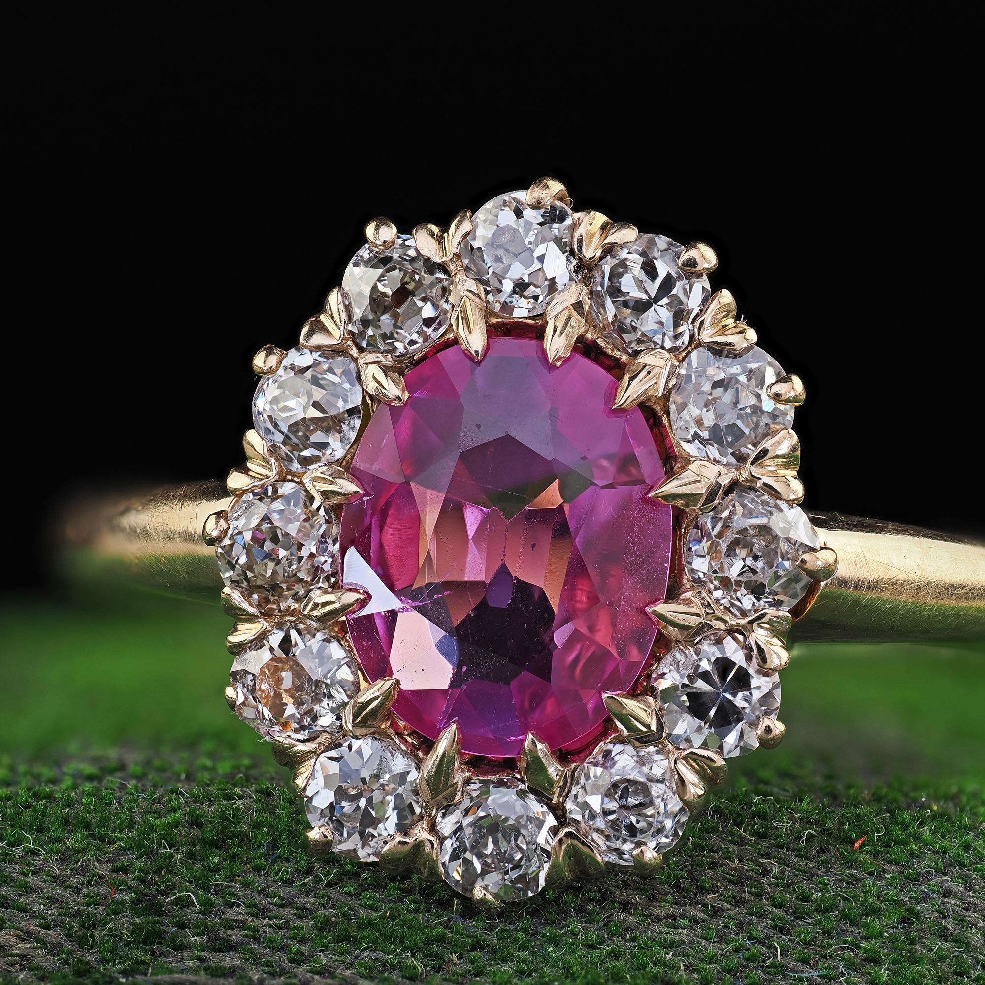 Bague de fiançailles victorienne ancienne en or jaune 14 carats avec saphir rose et diamant - GIA Pour femmes en vente