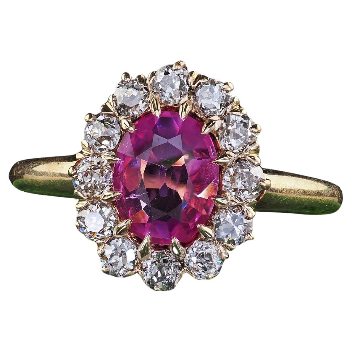 Bague de fiançailles victorienne ancienne en or jaune 14 carats avec saphir rose et diamant - GIA