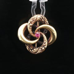 Antique Victorian 14k Yellow Gold Pink Stone Repousse Work Love Knot Pin Brooch
