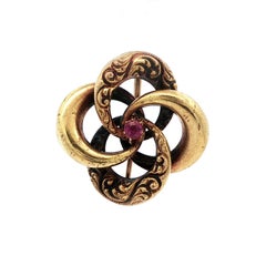 Antique Victorian 14k Yellow Gold Pink Stone Repousse Work Love Knot Pin Brooch