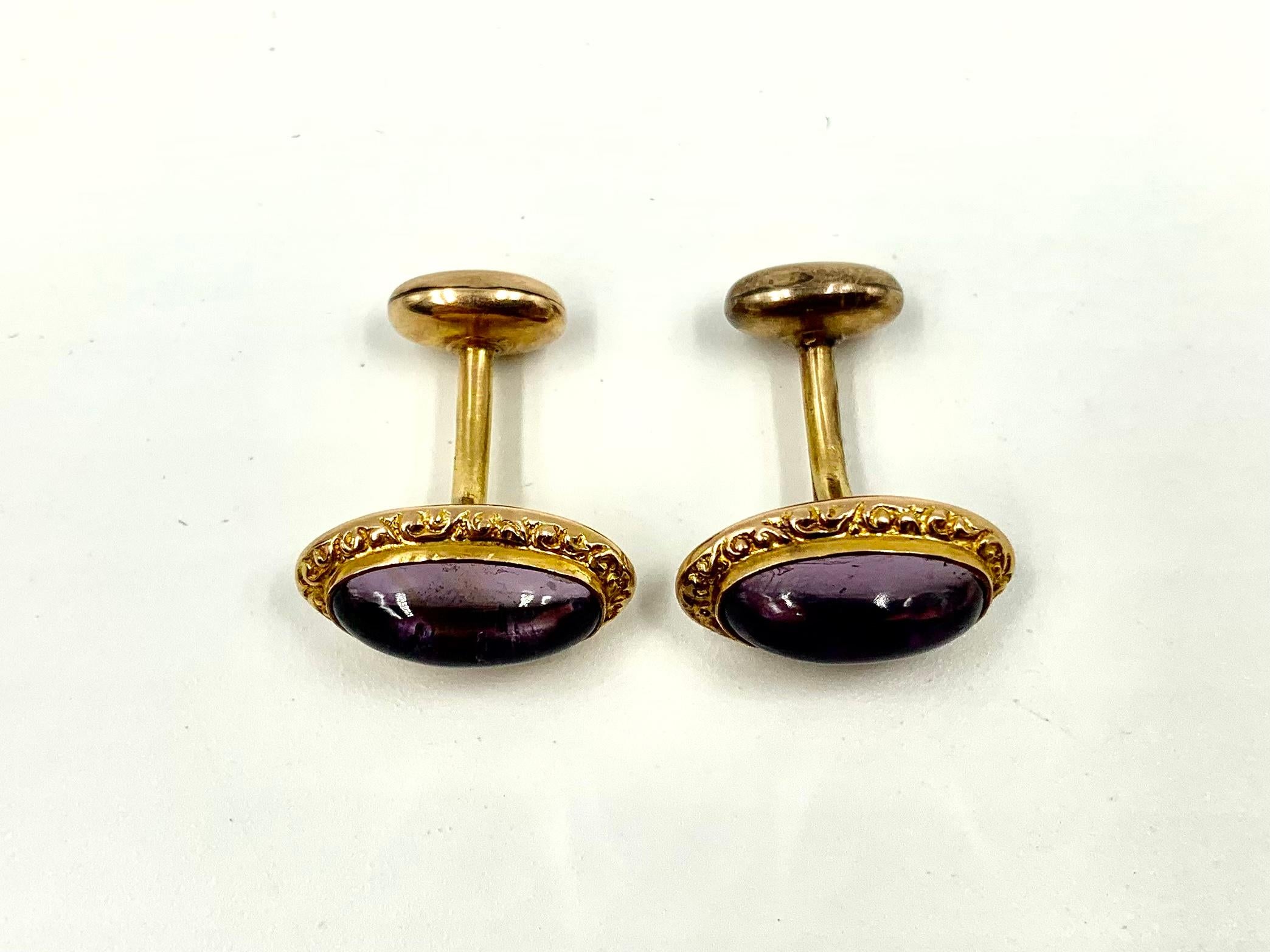 Antique Victorian 14K Yellow Gold Repousse Scroll Cabochon Amethyst Cufflinks 3