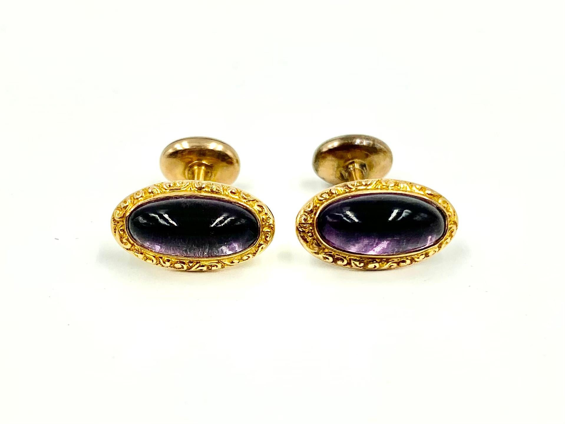 Antique Victorian 14K Yellow Gold Repousse Scroll Cabochon Amethyst Cufflinks 4