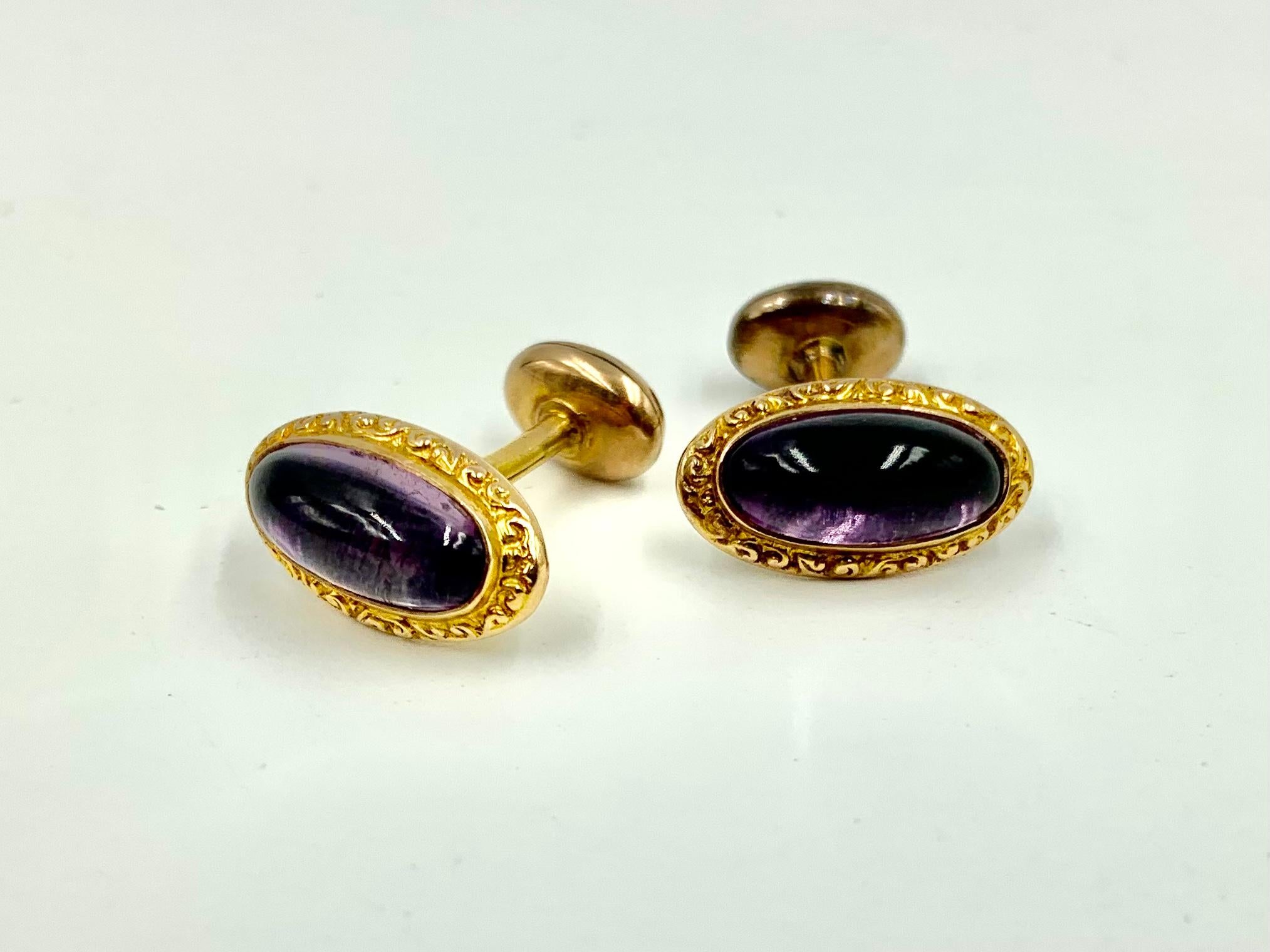 Antique Victorian 14K Yellow Gold Repousse Scroll Cabochon Amethyst Cufflinks 5