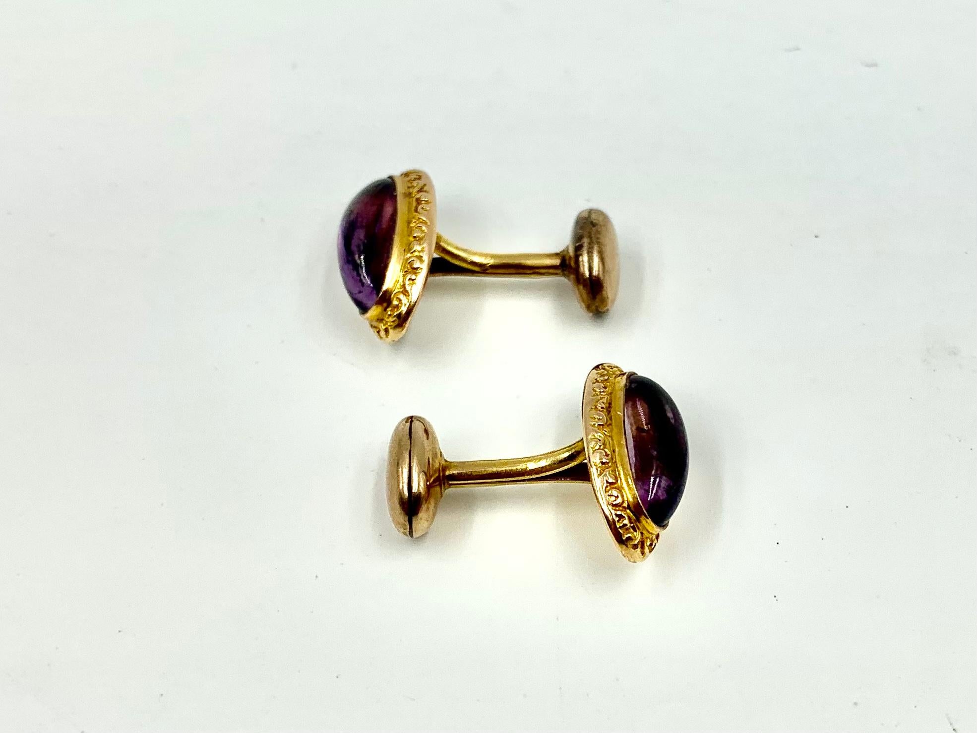 Antique Victorian 14K Yellow Gold Repousse Scroll Cabochon Amethyst Cufflinks 1